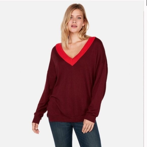 Express | Deep V Contrasting Sweater In Red/Burgundy - Picture 11 of 12